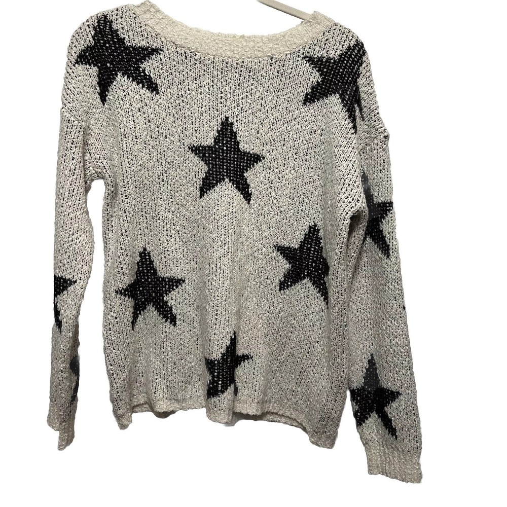 Altard State Womens S M White Black‎ Star Chunky Knit Crewneck Sweater Pullover